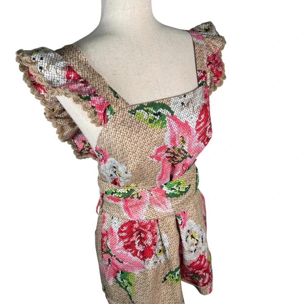 Farm Rio Floral Romper Womens Size S Beige Pink Linen Blend Boho Tropical Summer